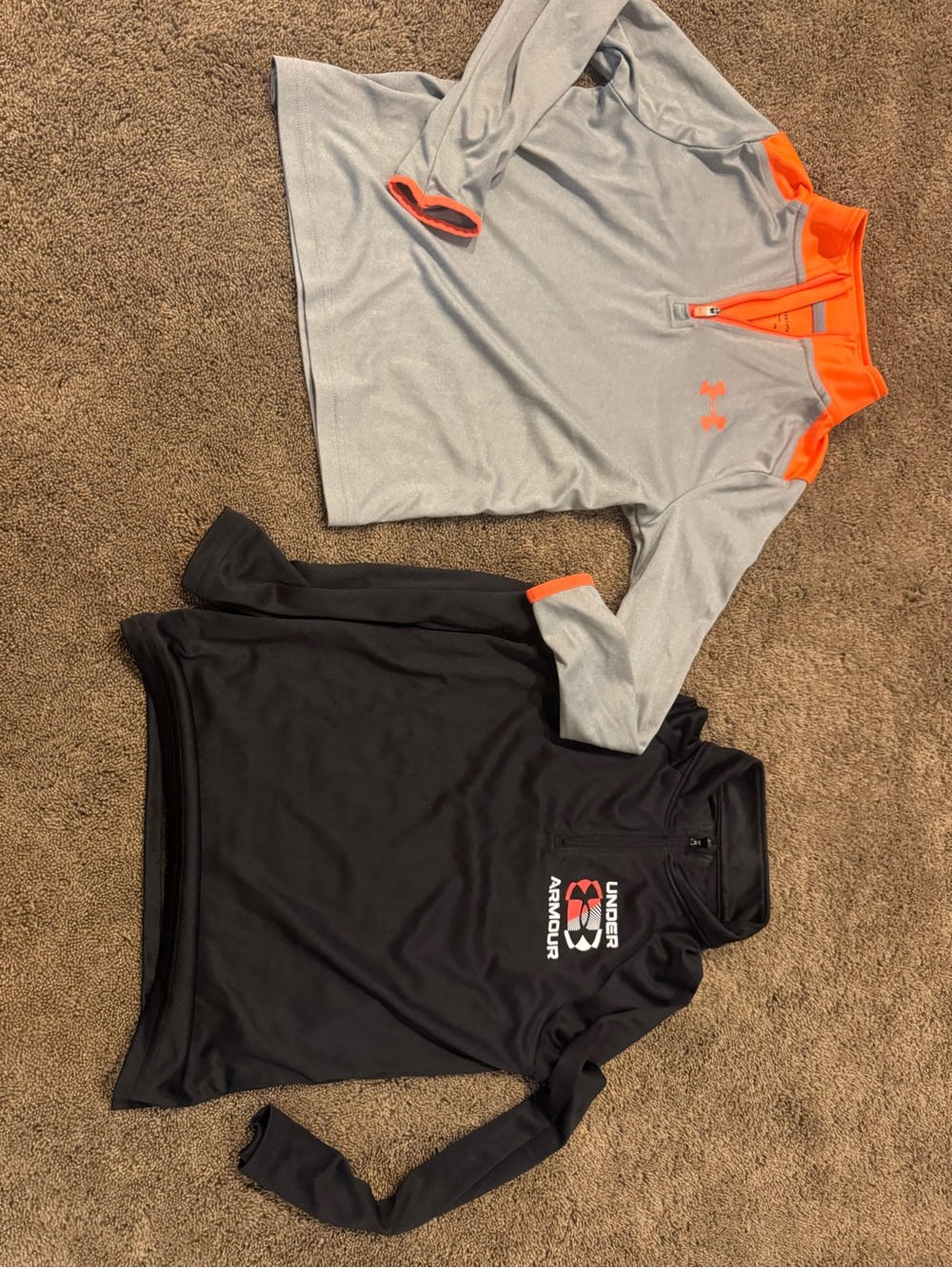 Under Armour Gray & Orange Long Sleeve Performance Top with Black Crewneck